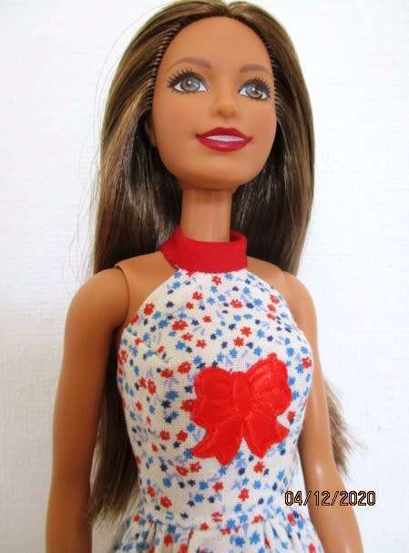 Barbie doll`s halter neck dress - red/blue/white bow