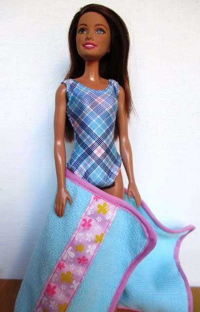 Barbie doll`s bathing costume and beach towel - blue check