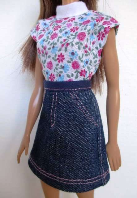 Barbie doll`s skirt and top - denim/pink floral