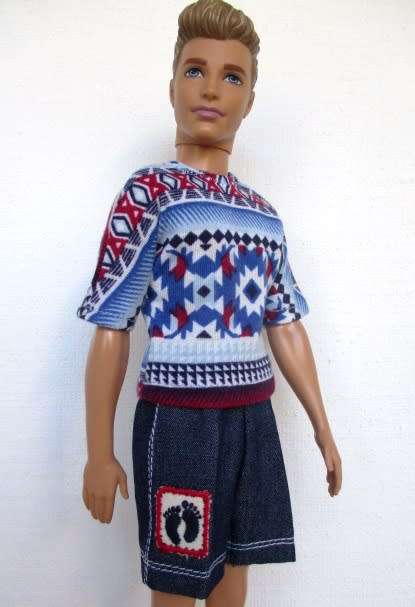 Ken doll`s shorts and t-shirt - denim/red and blue print