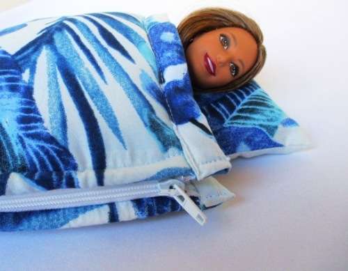 Barbie doll`s sleeping bag - blue tropical leaf