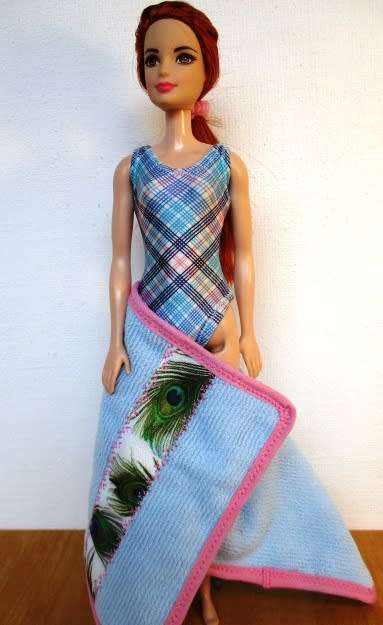 Barbie doll`s bathing costume and beach towel - blue check