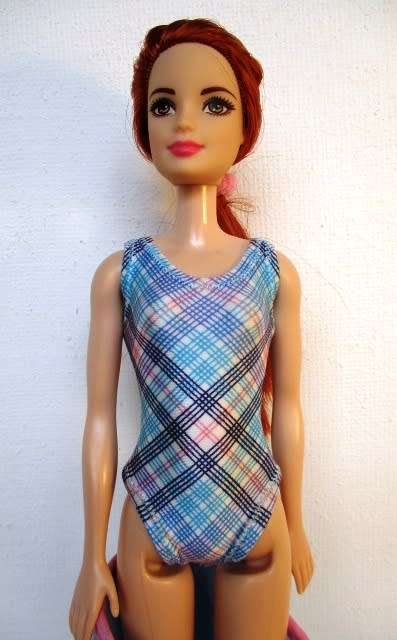 Barbie doll`s bathing costume and beach towel - blue check