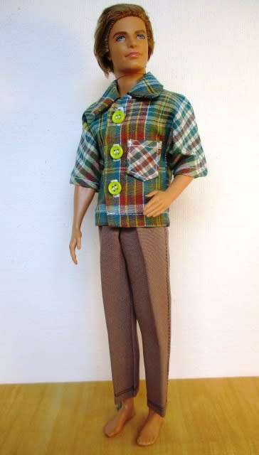 Ken doll`s pants and collared shirt - brown and green check