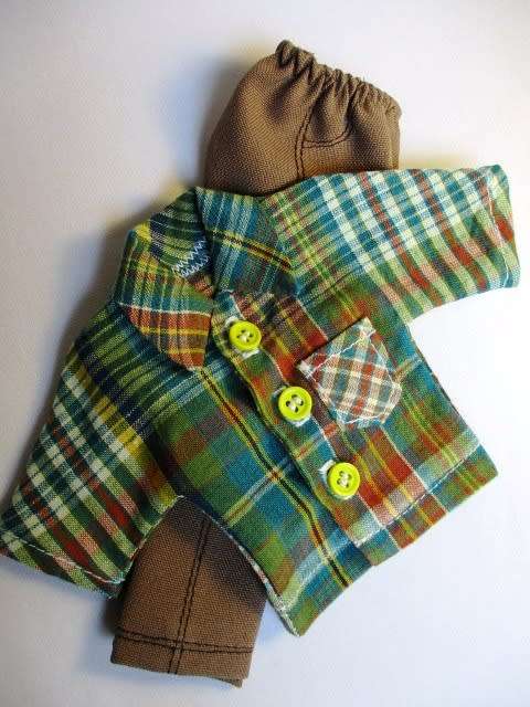 Ken doll`s pants and collared shirt - brown and green check