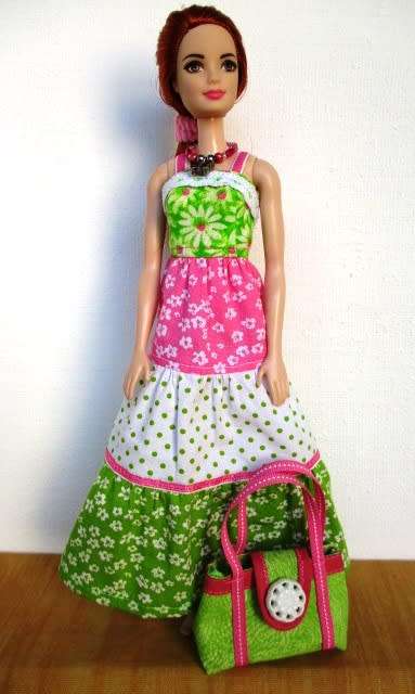 Barbie doll`s long dress, bag and necklace set - pink and green
