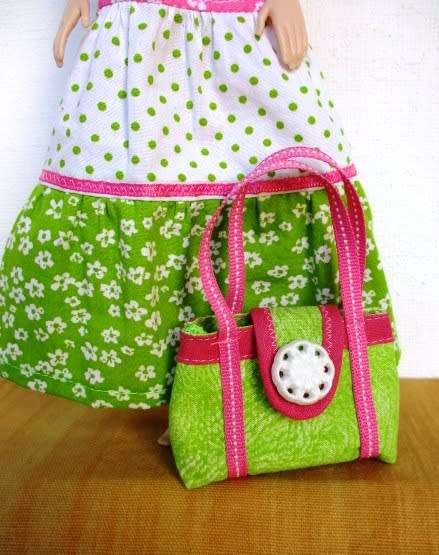 Barbie doll`s long dress, bag and necklace set - pink and green