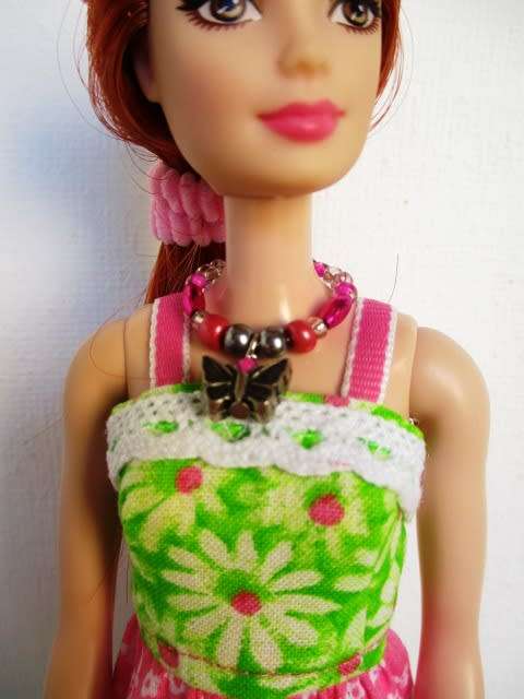 Barbie doll`s long dress, bag and necklace set - pink and green