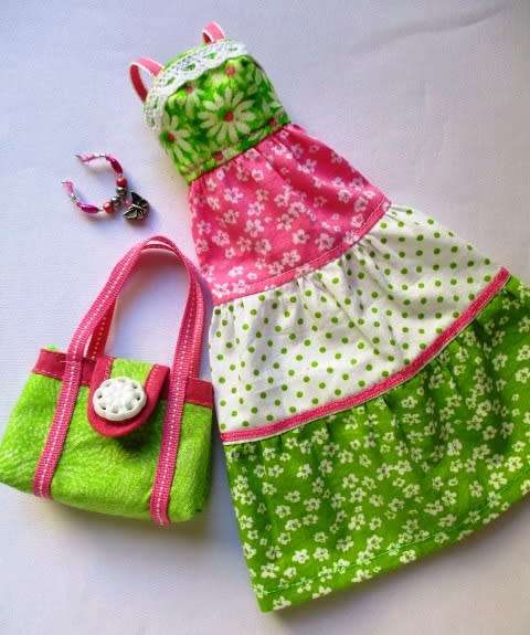 Barbie doll`s long dress, bag and necklace set - pink and green