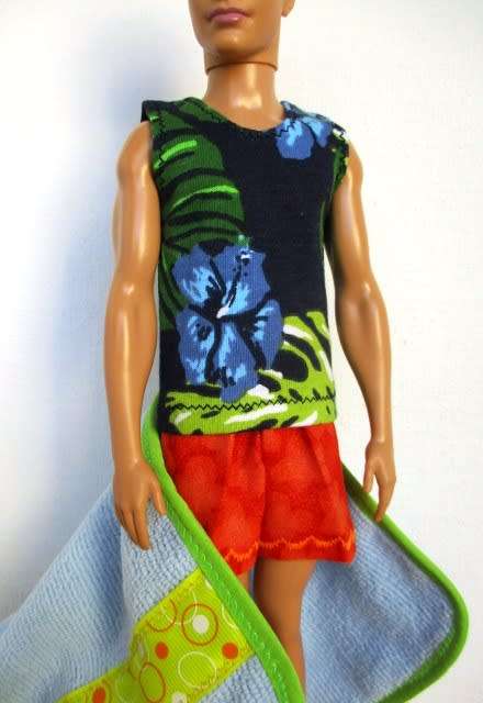 Ken doll`s beach set - swim shorts, muscle vest, beach towel