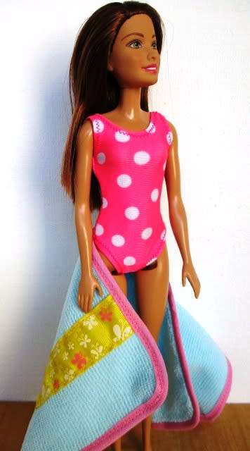 Barbie doll`s bathing costume and beach towel - pink spot + turquoise