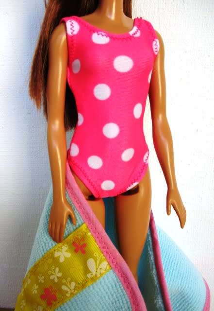 Barbie doll`s bathing costume and beach towel - pink spot + turquoise