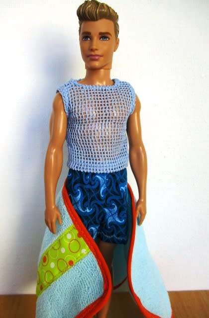 Ken doll`s beach set - swim shorts, mesh vest, beach towel