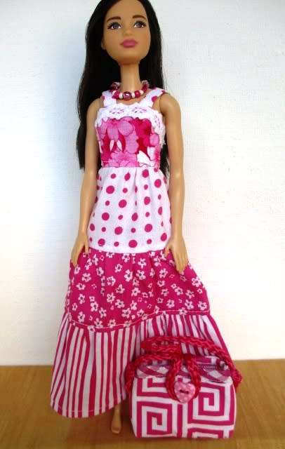 Barbie doll`s long dress plus bag and necklace - pink and white