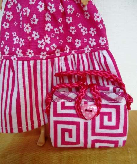 Barbie doll`s long dress plus bag and necklace - pink and white