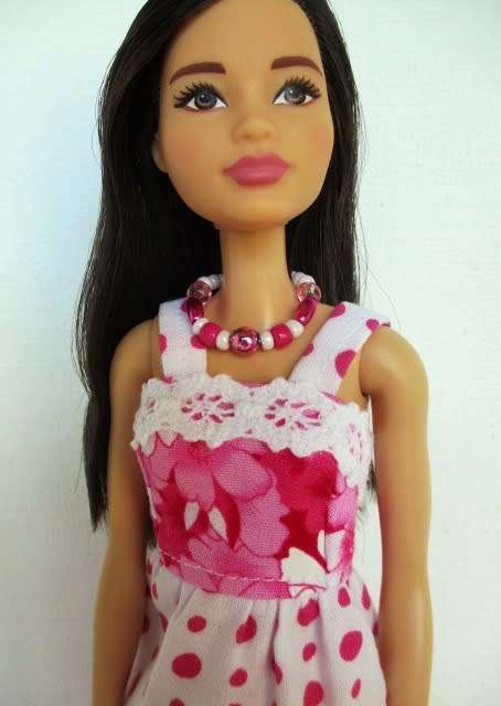 Barbie doll`s long dress plus bag and necklace - pink and white