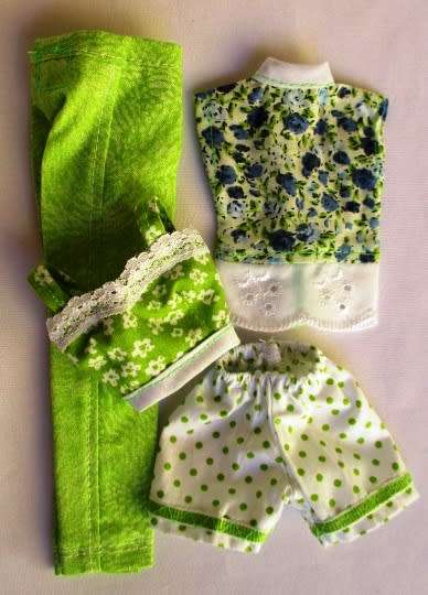 Barbie doll`s mix and match set - pants, shorts, two tops - lime green