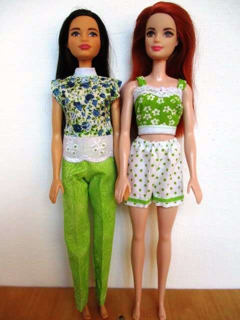 Barbie doll`s mix and match set - pants, shorts, two tops - lime green