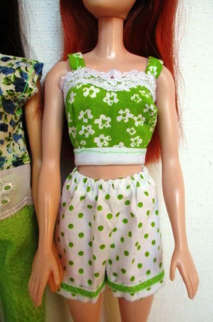 Barbie doll`s mix and match set - pants, shorts, two tops - lime green