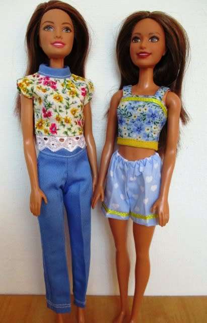 Barbie doll`s mix and match set - pants, shorts, two tops - blue/yellow