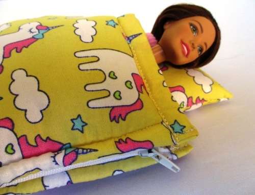 Barbie doll`s sleeping bag - yellow unicorn clouds