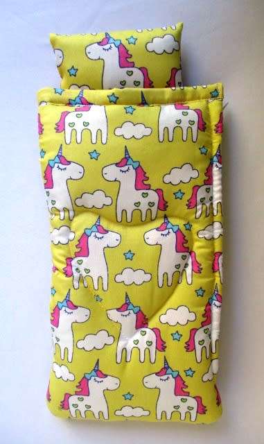 Barbie doll`s sleeping bag - yellow unicorn clouds
