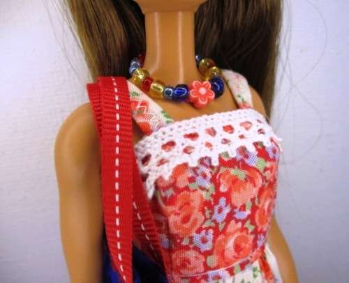 Barbie doll`s long dress, bag and necklace - red rose