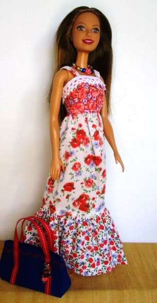 Barbie doll`s long dress, bag and necklace - red rose