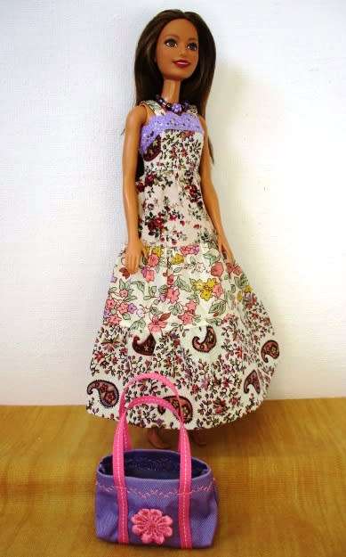 Barbie doll`s long dress with bag and necklace - paisley