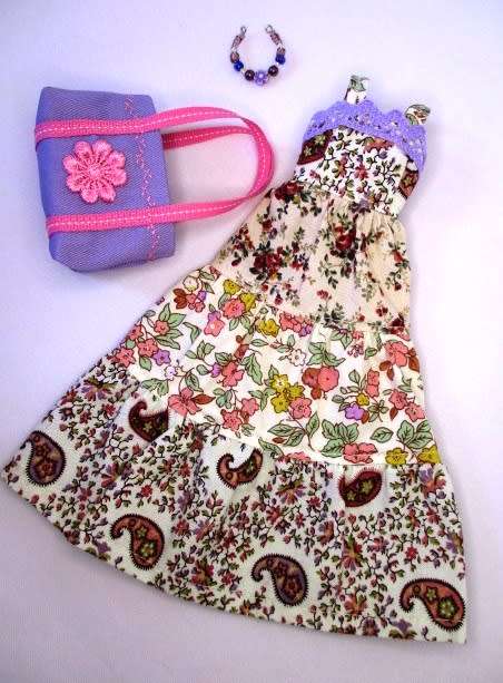Barbie doll`s long dress with bag and necklace - paisley