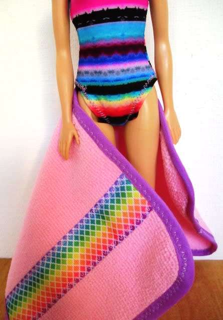 Barbie doll`s bathing costume and towel set - bright stripe/pink