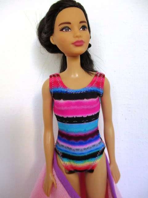 Barbie doll`s bathing costume and towel set - bright stripe/pink