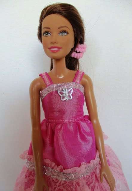 Barbie doll`s party dress - pink lace/silver butterfly