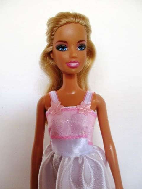 Barbie doll`s party dress - white/pink ribbon