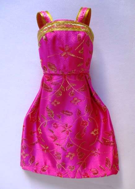 Barbie doll`s party dress - printed pink satin/gold