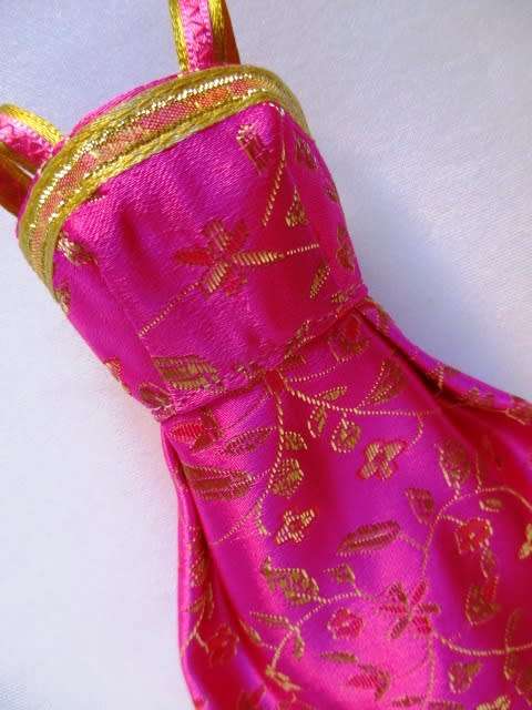 Barbie doll`s party dress - printed pink satin/gold