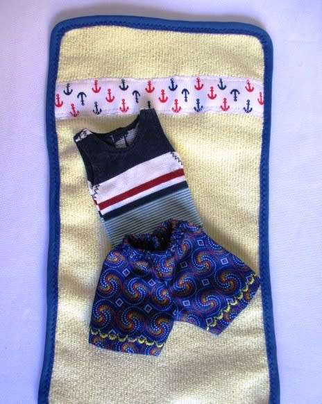 Ken doll`s beach outfit with towel - blue/yellow