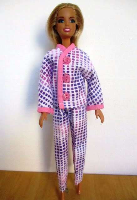 Barbie doll`s winter pyjamas - mauve squares/pink