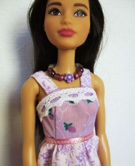 Barbie doll`s long dress plus necklace and bag - mauve