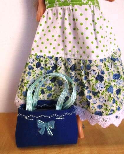 Barbie doll`s long dress plus necklace and bag - blue/green with white lace