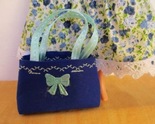 Barbie doll`s long dress plus necklace and bag - blue/green with white lace