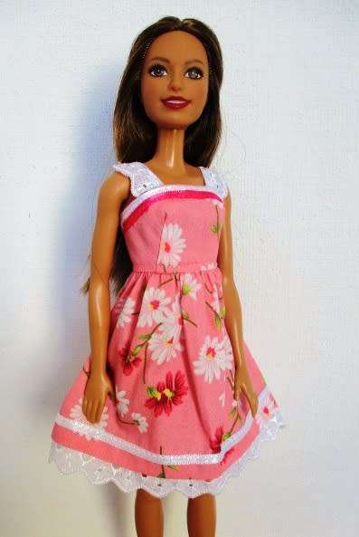 Barbie doll`s dress with lace and ribbon trim - pink floral