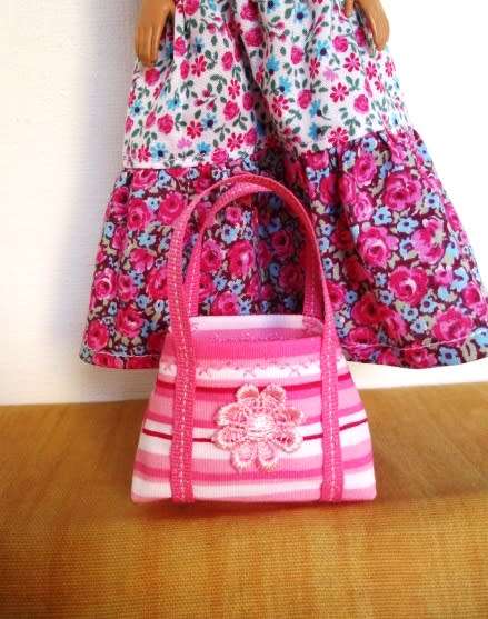 Barbie doll`s long dress, bag and necklace - pink/turquoise