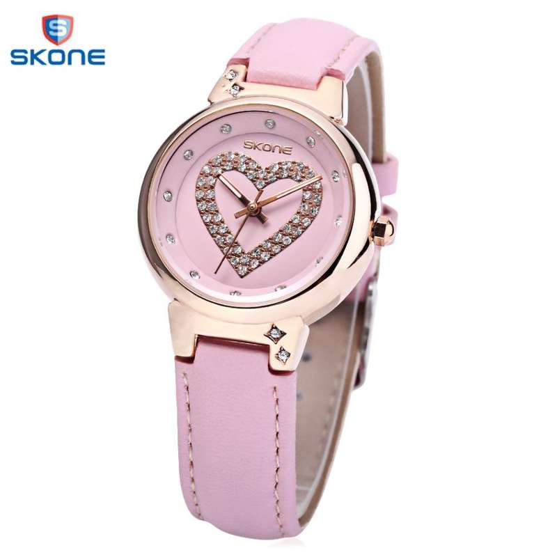 SKONE 9322 Female Quartz Watch Artificial Diamond Heart Pattern Dial Leather Band Wristwatch
