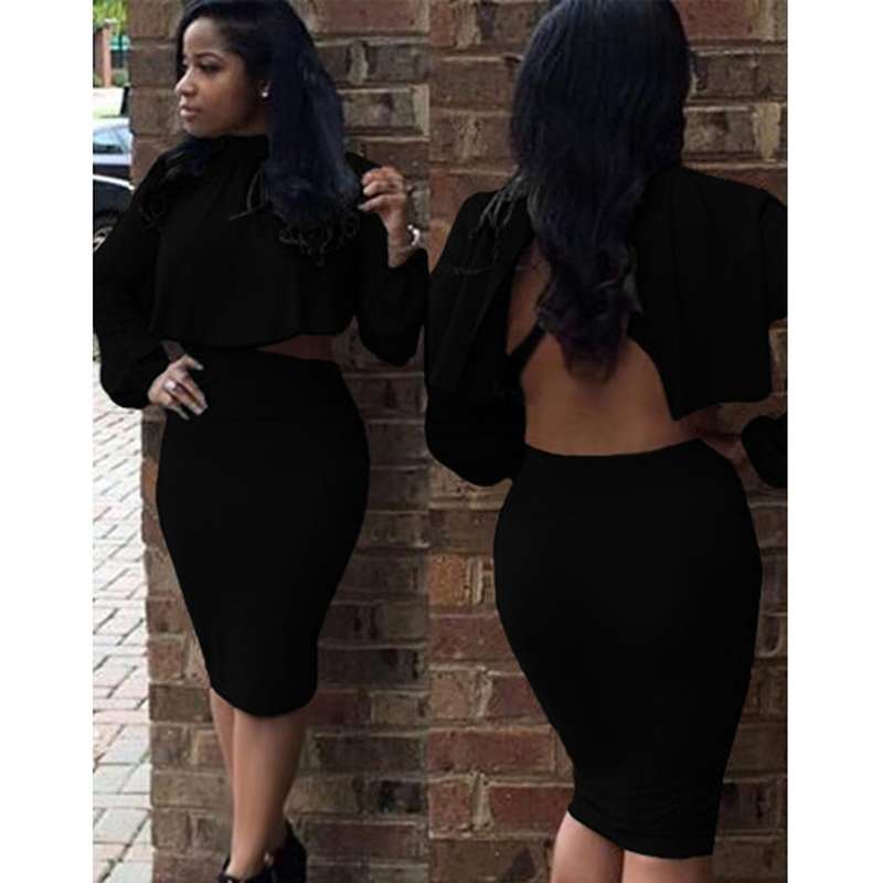 Long Sleeve Backless Crop Blouse + Elastic Waist Pure Color Skinny Skirt Two Piece Dress