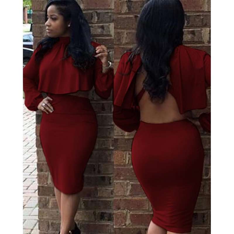 Long Sleeve Backless Crop Blouse + Elastic Waist Pure Color Skinny Skirt Two Piece Dress
