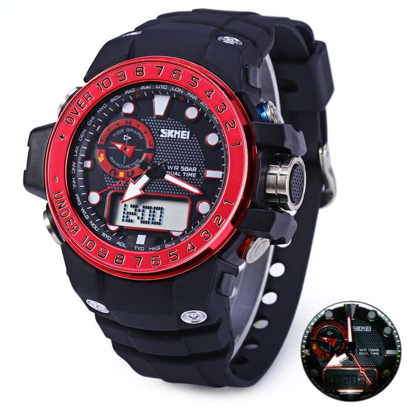 Red Sports Watch with Large Dial Water Resistance Double Movt Calender Week Alarm Stopwatch