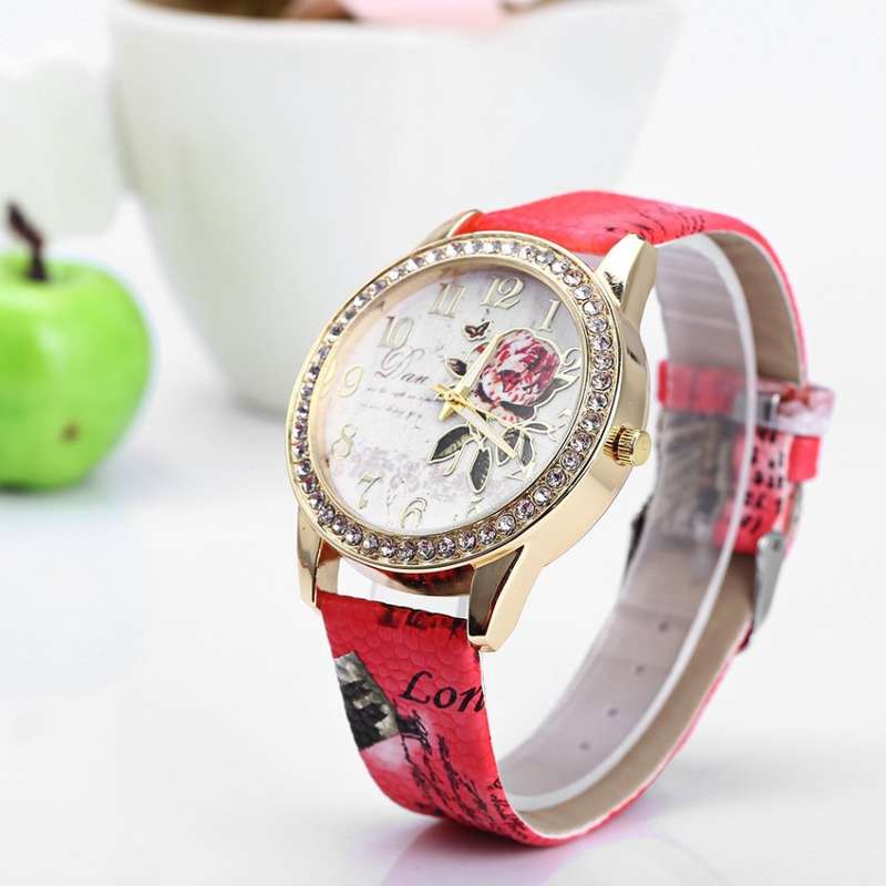 Women Rhinestone Quartz Watch Leather Band Peony Pattern