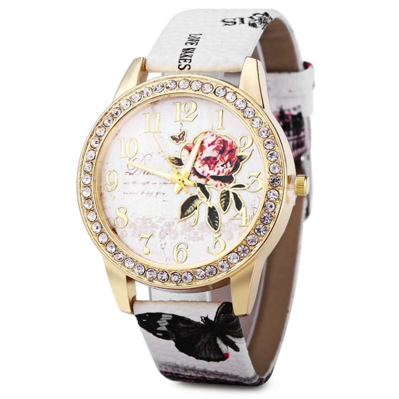 Women Rhinestone Quartz Watch Leather Band Peony Pattern