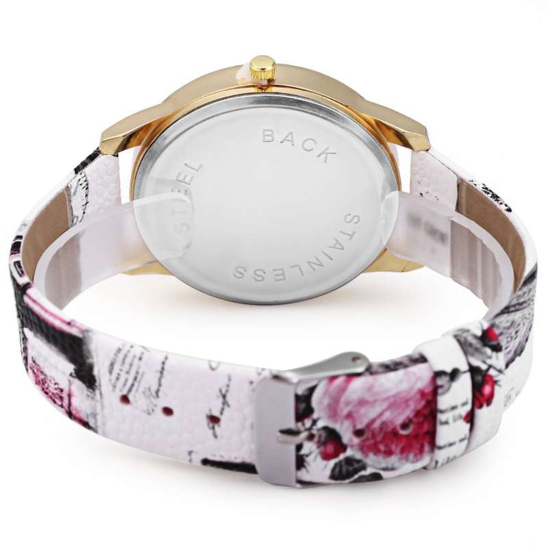 Women Rhinestone Quartz Watch Leather Band Peony Pattern